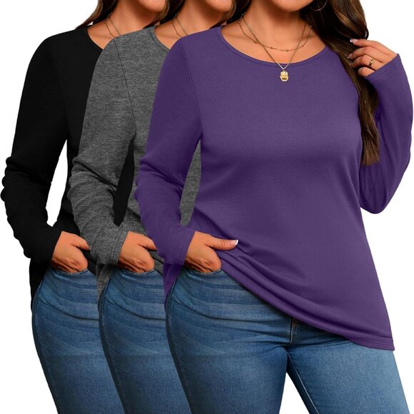 3 Pack Women's Plus Size Cotton Long Sleeve Tops Casual Blouses - Picture 1 of 6